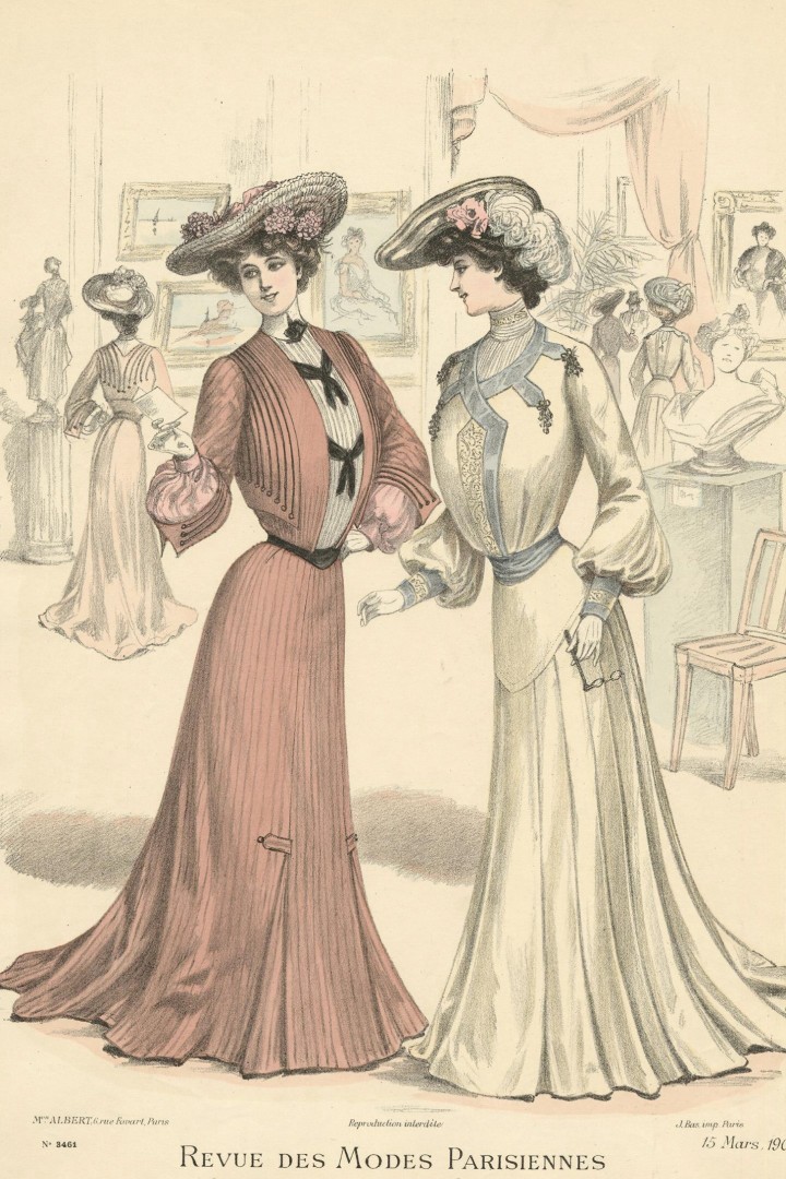 1903 Modegrafik Revue des Modes Parisiennes Die Dame von Stil trägt auch bei einem Ausstellungsbesuch Hut. Modegrafik aus der „Revue des Modes Parisiennes“ 1903.