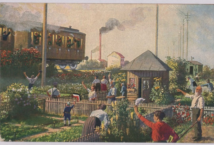Historische Zeichnung eines Kleingartens vor einer Eisenbahn