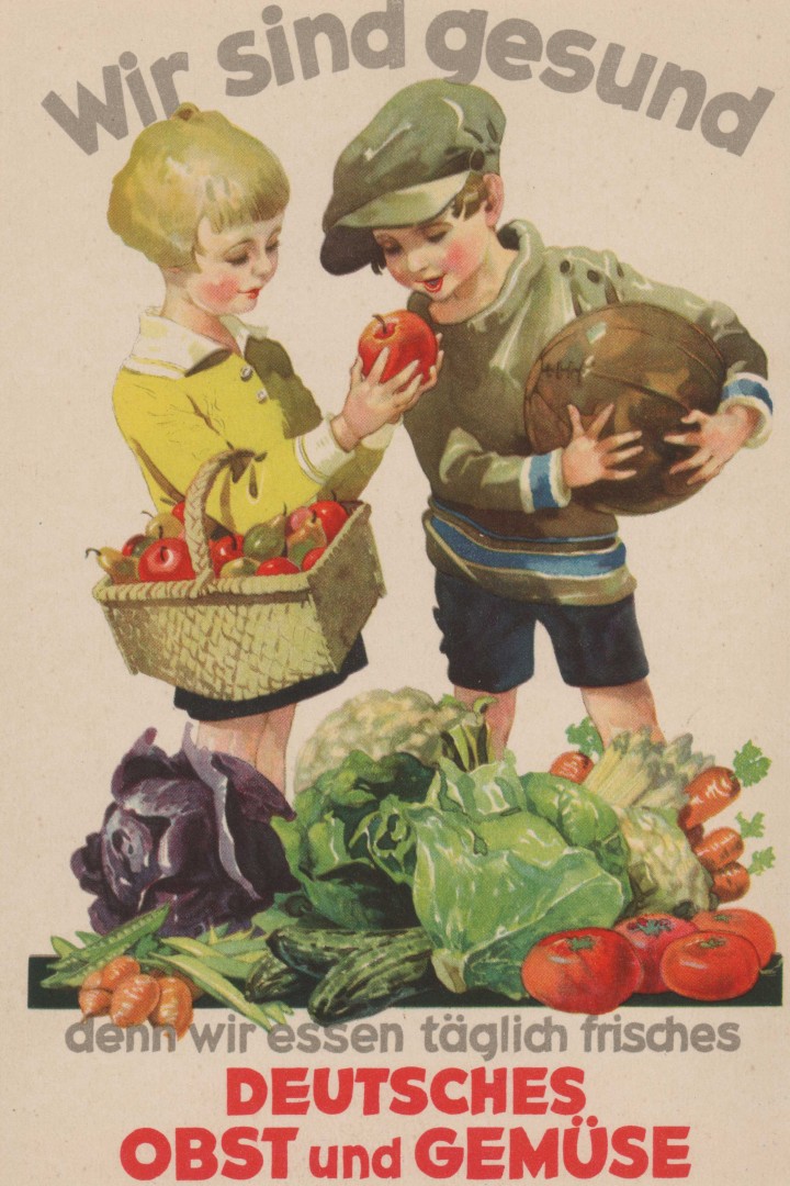 Ansicht einer historischen Postkarte mit einem Jungen, einem Mädchen und Gemüse