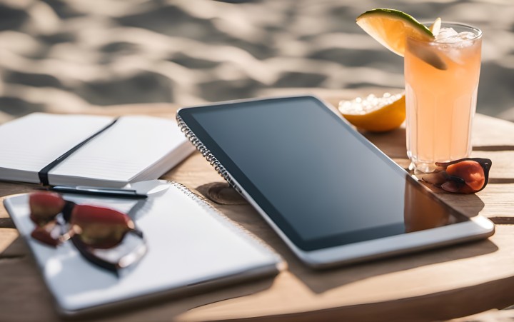 KI generiertes Bild mit Tablet und Cocktail am Strand