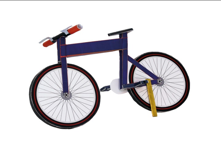 Foto zeigt ein blaues Fahrrad aus Papier