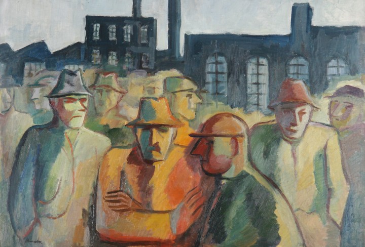 Mia Münster, Streikende Hüttenarbeiter, 1947, Öl auf Leinwand, 65 x 92, Private Leihgabe 