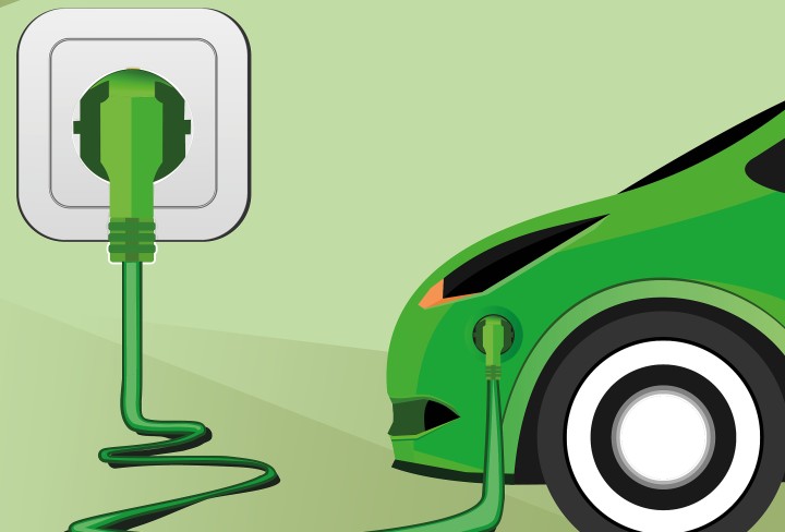 Grafik des Keyvisual der Ausstellung- grünes Auto an einer Steckdose angeschlossen
