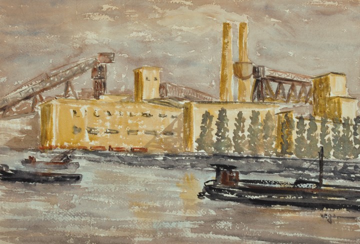 Gemälde mit Fluss mit Schiffen, im Hintergrund Industrielandschaft
