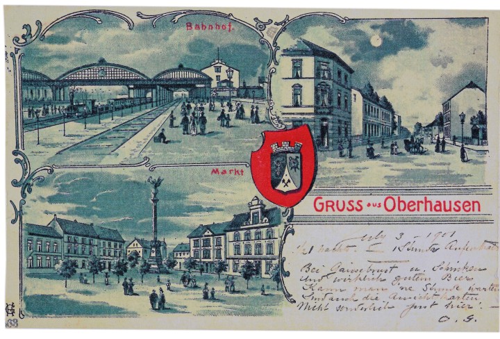 Historische Postkarte von Oberhausen mit Gebäude und handschriftlichen Vermerken