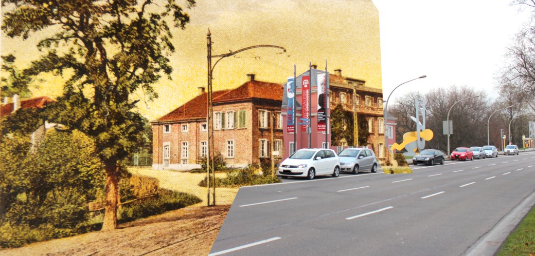 Collage von Außenaufnahmen des Schlosses Oberhausen früher und heute
