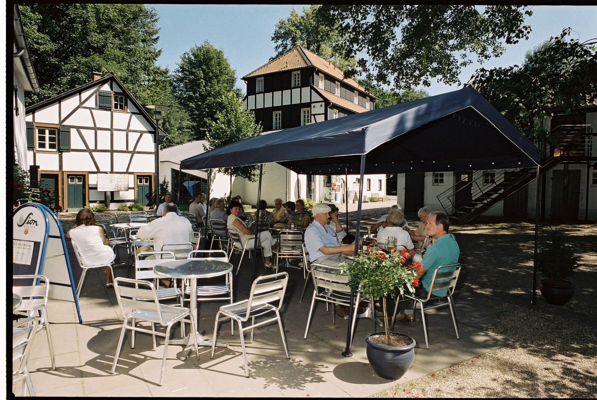 Terrace of the café at the museum in summer