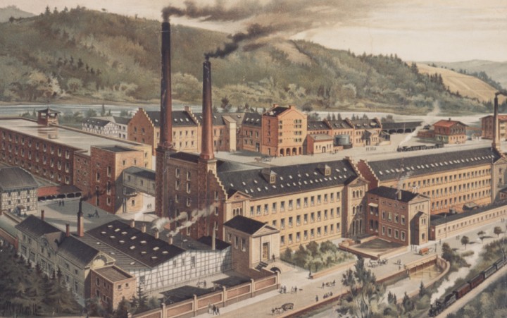 Painted picture of a large factory with smoking chimneys