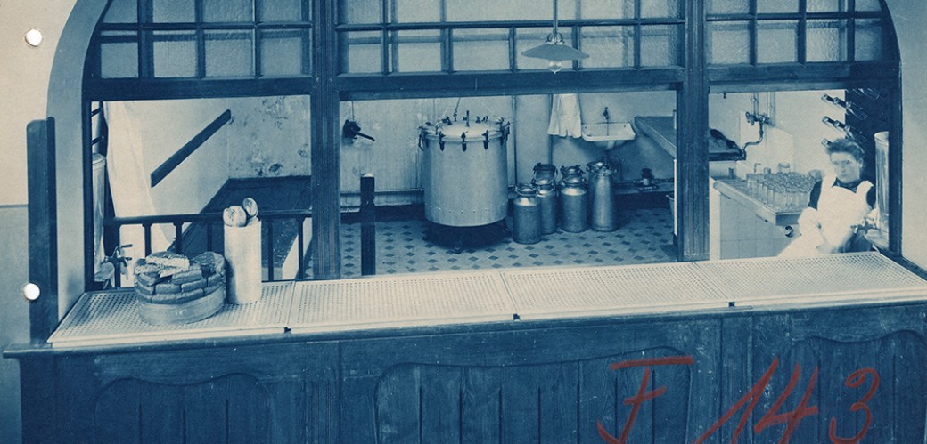 Der Blaudruck zeigt den Milchausschank der Gutehoffnungshüte in Oberhausen