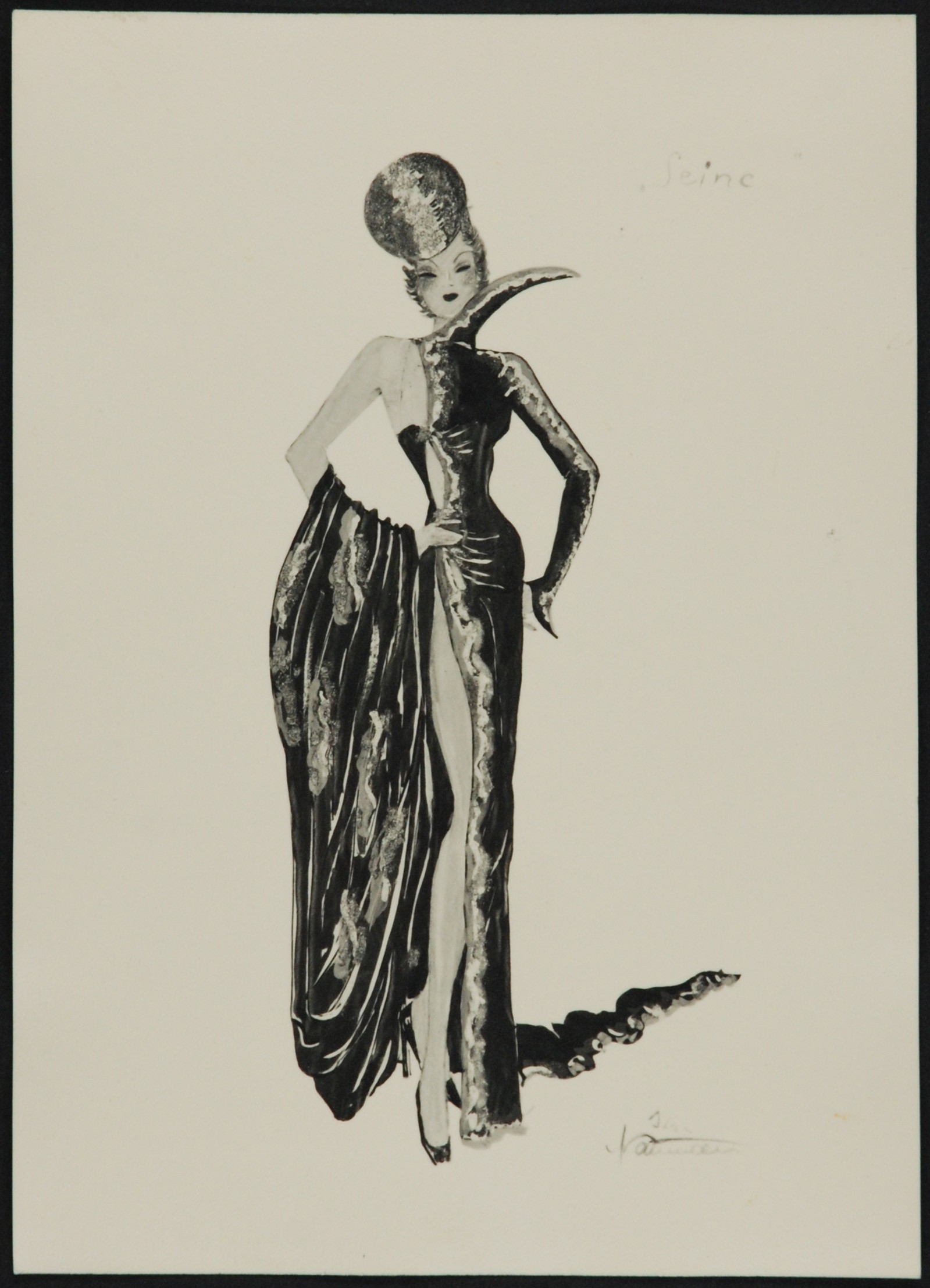Skizze einer Frau in einem eleganten schwarzen Abendkleid