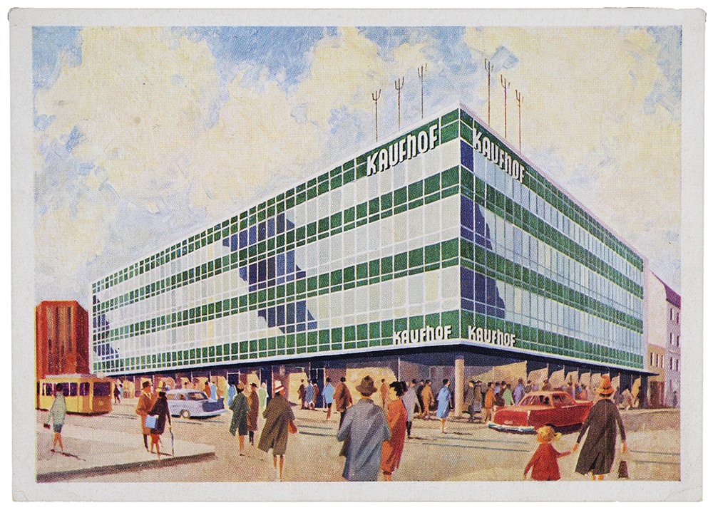 Vorderseite einer Postkarte mit Zeichnung eines großen Gebäudes mit der Aufschrift „Kaufhof“
