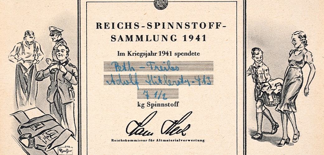Unterzeichnete Bescheinigung mit der Aufschrift „Reichs-Spinnstoff-Sammlung 1941“