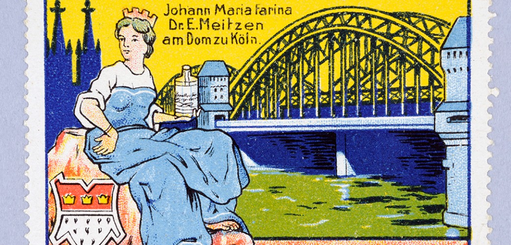Bunt gestaltete Reklamemarke, Motiv: Frau sitzt vor einer Stahlbrücke, im Hintergrund sieht man schattenhaft den Kölner Dom