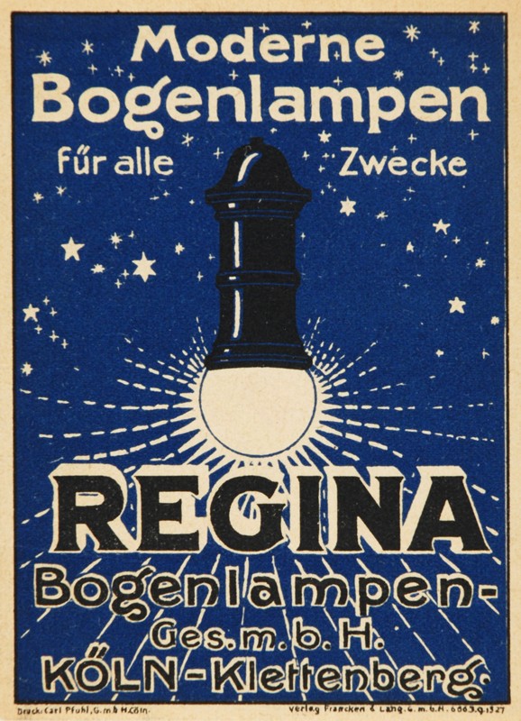 Historisches Werbeblatt der Regina-Bogenlampenfabrik in blau