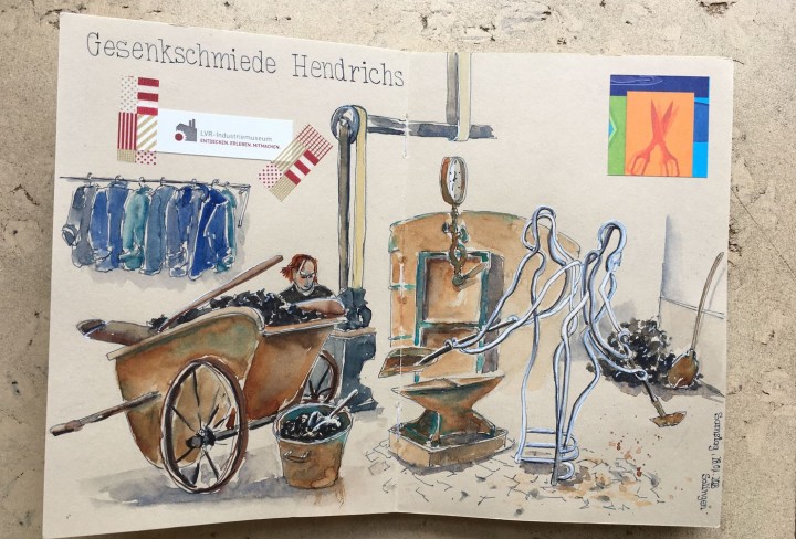 Collage von gemalten Ausschnitten der Gesenkschmiede Henrichs. Zum Beispiel Kleiderstange mit blauen Arbeitsjacken, Kohlewagen, Schmiedewerkzeug