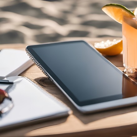 KI-generiertes Bild von einer Mischung aus Tablet und Spiralbuch auf einem Tisch am Strand, daneben ein Cocktail und Fragmente einer Sonnenbrille