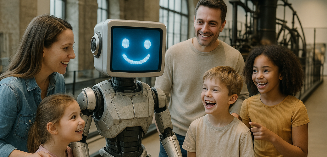 KI-generiertes Bild euner Familie mit einem Roboter in ihrer Mitte, der ein lächelndes Gesicht in Form eines Bildschirms hat.