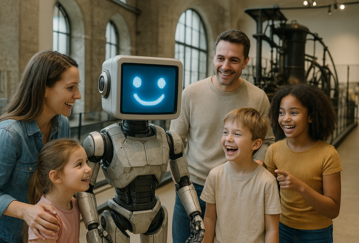 Foto von einer Familie und einem Roboter. Das Foto wurde von einer KI erstellt.