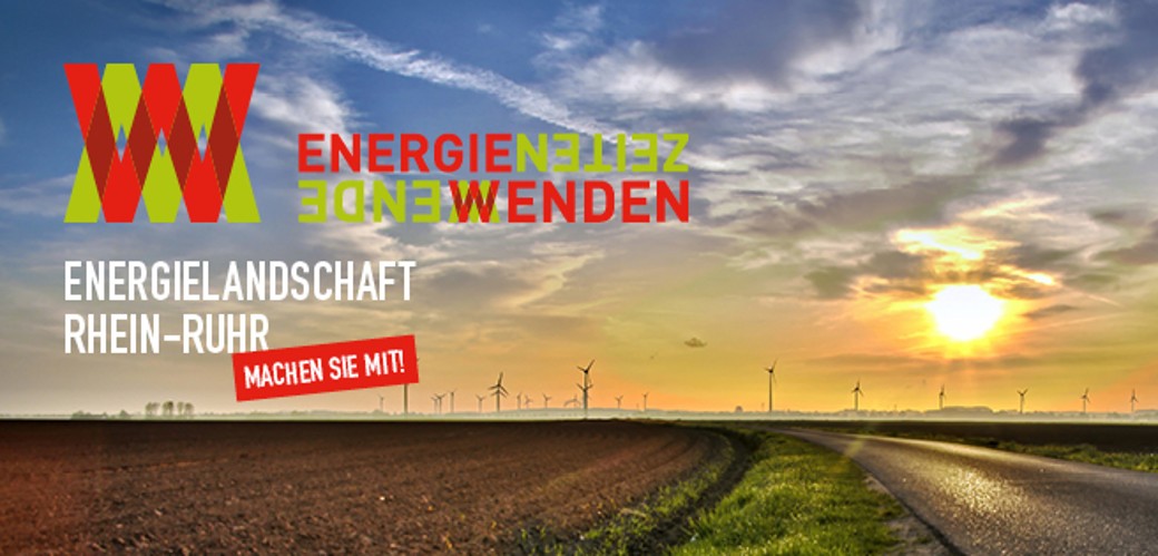 Foto einer Landschaft mit Windrädern bei Sonnenaufgang mit dem Schriftzug "Energiewenden - Wendezeiten"