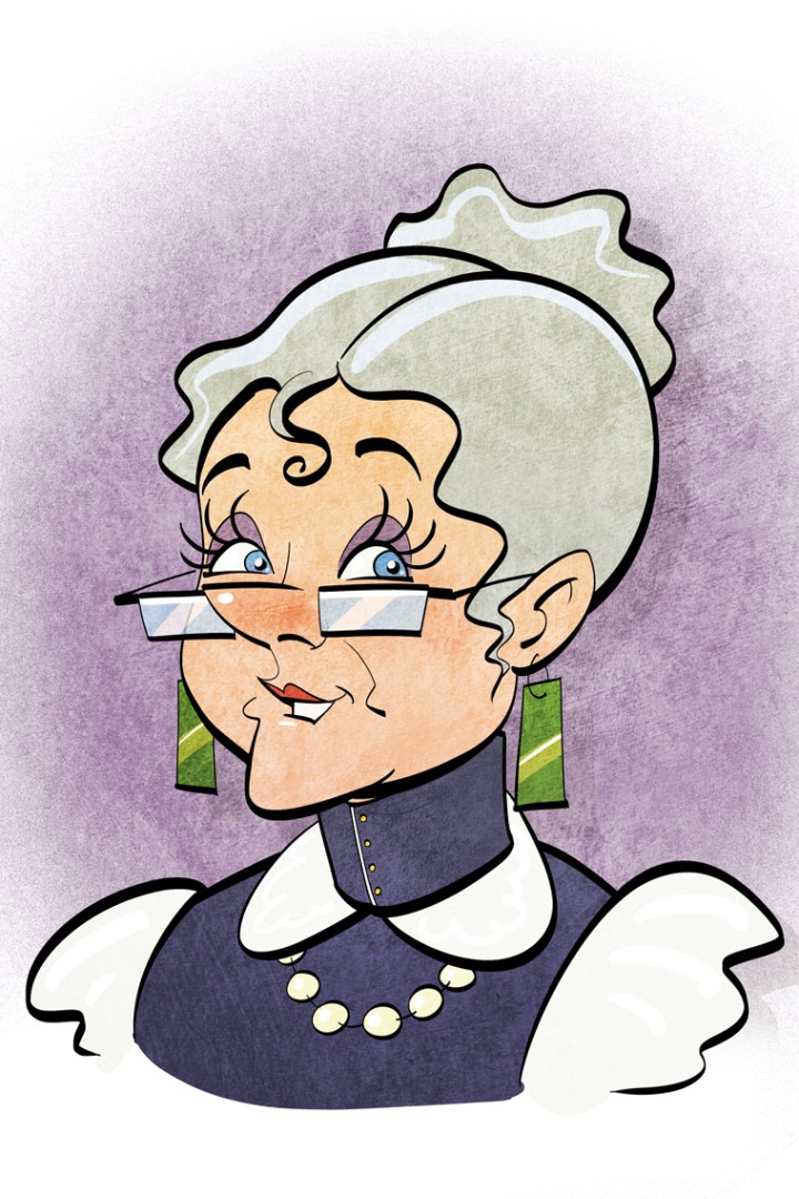 Foto zeigt eine gezeichnete der Oberkörper einer alten Dame mit Brille und grauen Haaren