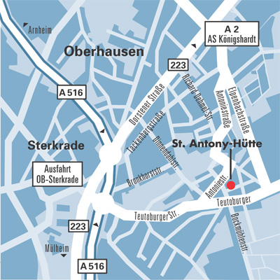 Karte von Oberhausen, auf der St. Antony unten rechts markiert ist.