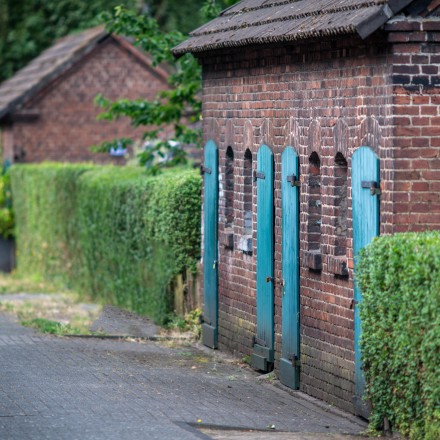 Das Bild zeigt eine Hecke zwischen zwei historischen Stallgebäuden mit Backsteinfassaden in der Siedlung Eisenheim.