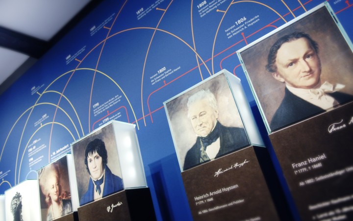 Blaue Wand mit historischen Portraits verschiedener Personen