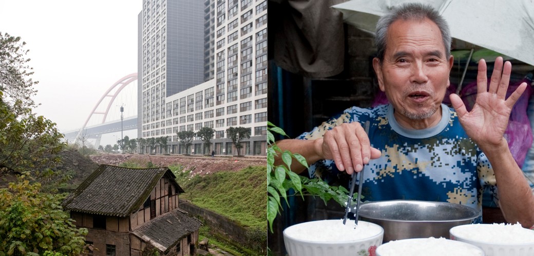 Zweigeteiltes Bild: links ein altes Arbeiterhaus vor moderner Hochhauskulisse, rechts ein chinesicher Herr beim Essen