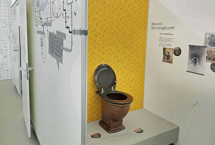 Braune Klosettschüssel vor einer Wand mit weißen Fliesen