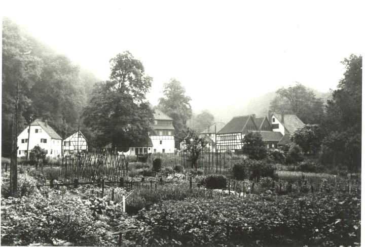 Historisches Schwarz-Weiß-Bild der Alten Dombach, davor ein großer Garten