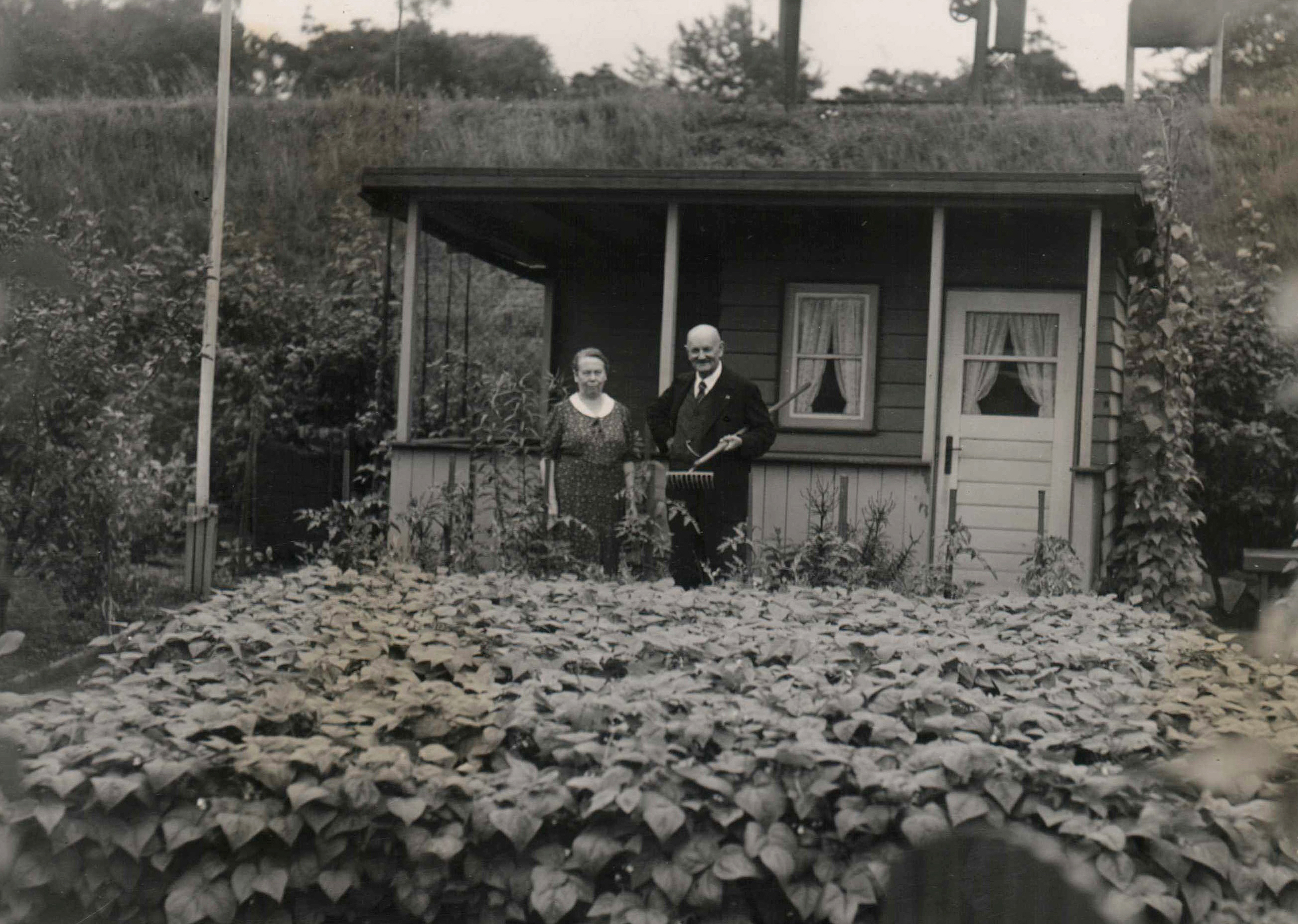 Historisches Schwarzweiß-Foto von einer Frau und einem Mann vor einer Gartenlaube an einem Gemüsebeet