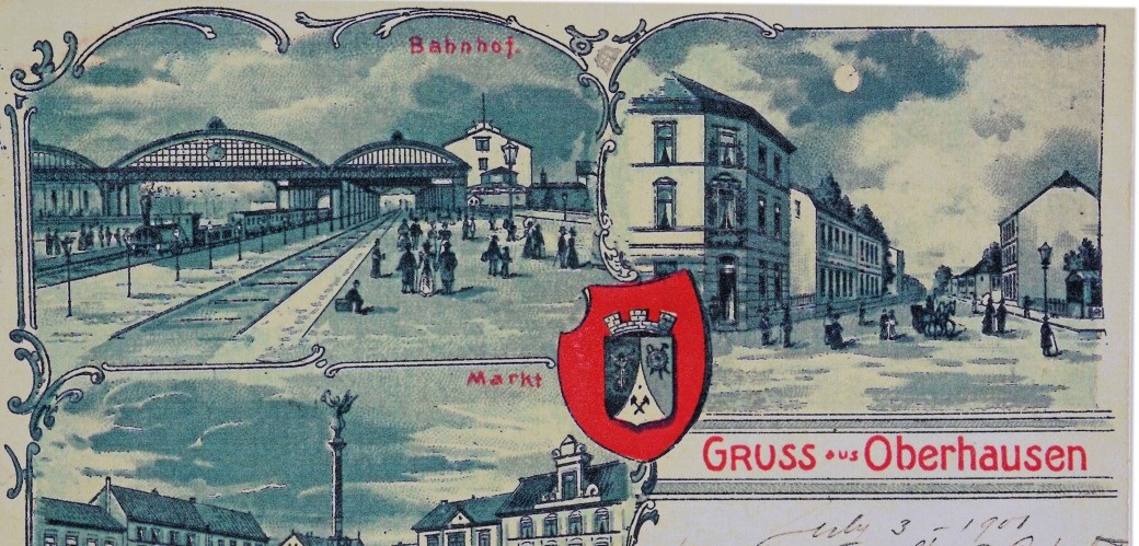 Historische Postkarte mit Oberhausener Motiven und handschriftlichen Anmerkungen