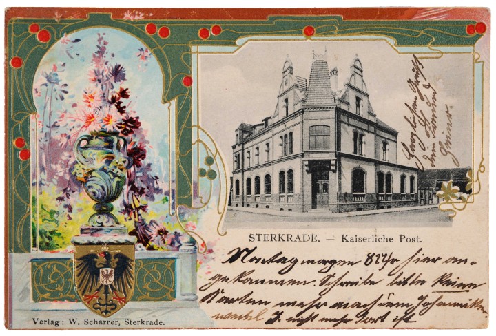 Historische Postkarte mit Oberhausener Motiven und handschriftlichen Anmerkungen