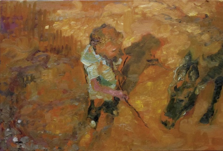 Gemälde zeigt Menschen in Gelbtönen