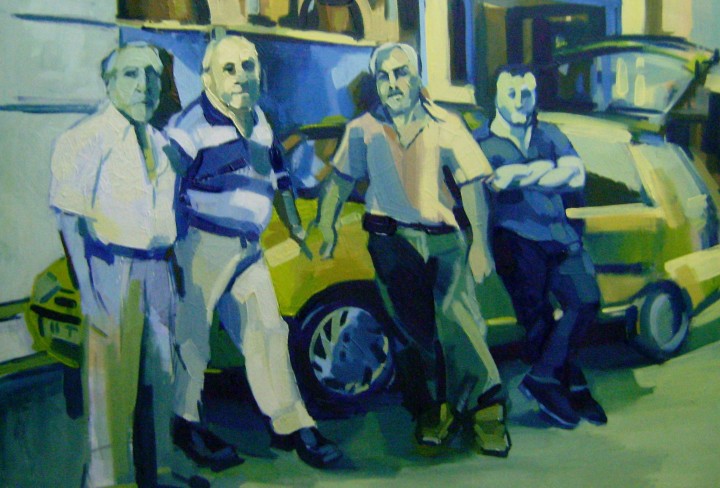 Foto zeigt ein Gemälde mit 4 Männern und ein Taxi im Hintergrund