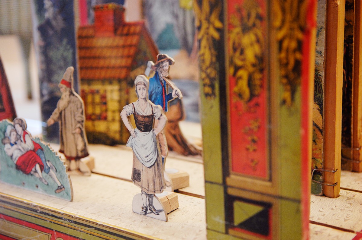 Paper theater with colorful cardboard figures from the world of fairy tales