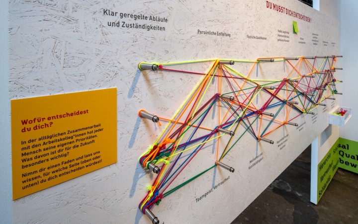 Foto einer Ausstellungswand mit Beschriftung und vielen biunten Fäden