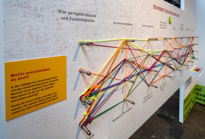 Bunte Schnüre zwischen Metallstiften gespannt, verlaufen kreuz und quer in einem Muster