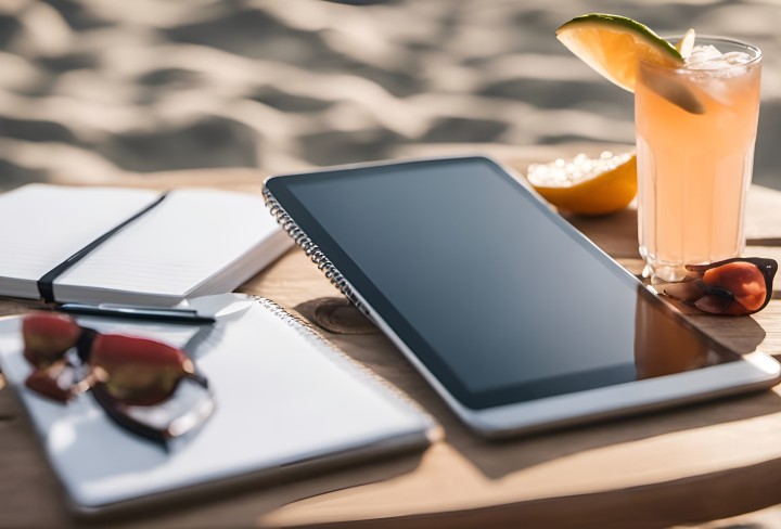 auf dem Tisch liegen Tablet, Notizblock, Sift und Cocktail