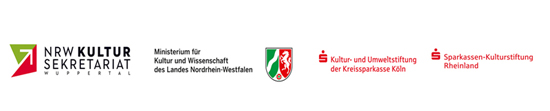 Vier Logos nebeneinander: NRW Kultursekretariat Wuppertal, Ministerium für Kultur und Wissenschaft des Landes Nordrhein-Westfalen, Kultur- und Umweltstiftung der Kreissparkasse Köln, Sparkassen Kulturstiftung Rheinland