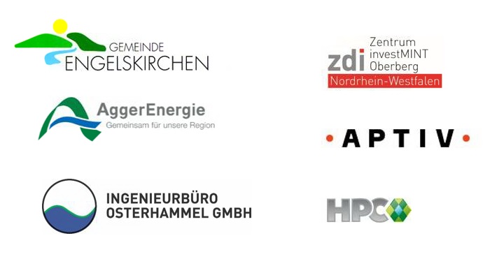 Die Logos der Unterstützer der Stromwerkstatt: Gemeinde Engelskirchen, zdi - Zentrum InvestMINT Oberberg Nordrhein Westfalen, Agger Energie, HPC, Ingenieurbüro Osterhammel GmbH und APTIV.