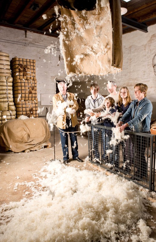 The clutter spits out wool flakes, a family stands enthusiastically and catches them.