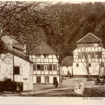 Historische Aufnahme der Papiermühle Alte Dombach mit Bäumen im Hintergrund.