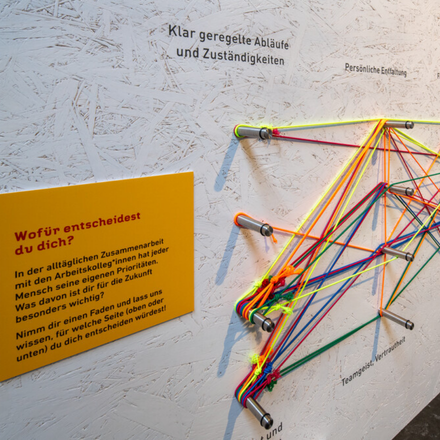 Foto von einer Wand, an der bunte Schnüre an Metallhaken befestigt sind.