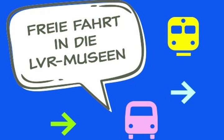 Bus und Bahnicons auf blauem Hintergrund. Sprechblase mit Text: Freie Fahrt in die LVR-Museen. 