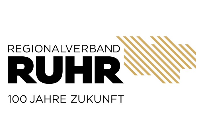 Logo „Regionalverband Ruhr. 100 Jahre Zukunft“ mit einer abstraken, geografischen Darstellung des Ruhrgebiets