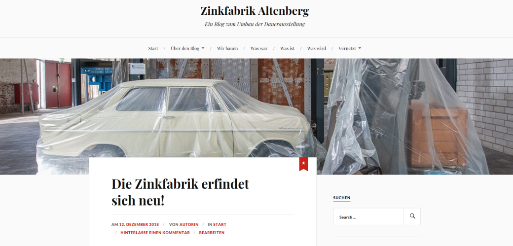 Screenshot der Startseite des Blogs der Zinkfabrik Altenberg.