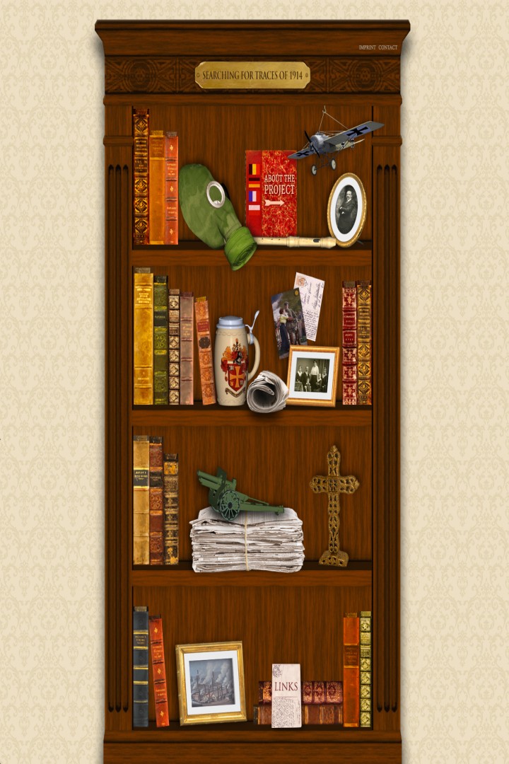 Foto zeigt die Startseite des Projekts "Spurensuche 1914" - ein Wandregal mit Büchern
