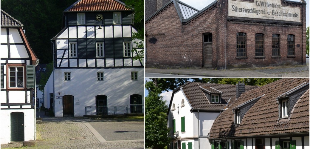 Foto-Collage der Papiermühle Alte Dombach, der Gesenkschmiede Hendrichs und der St. Antony-Hütte.