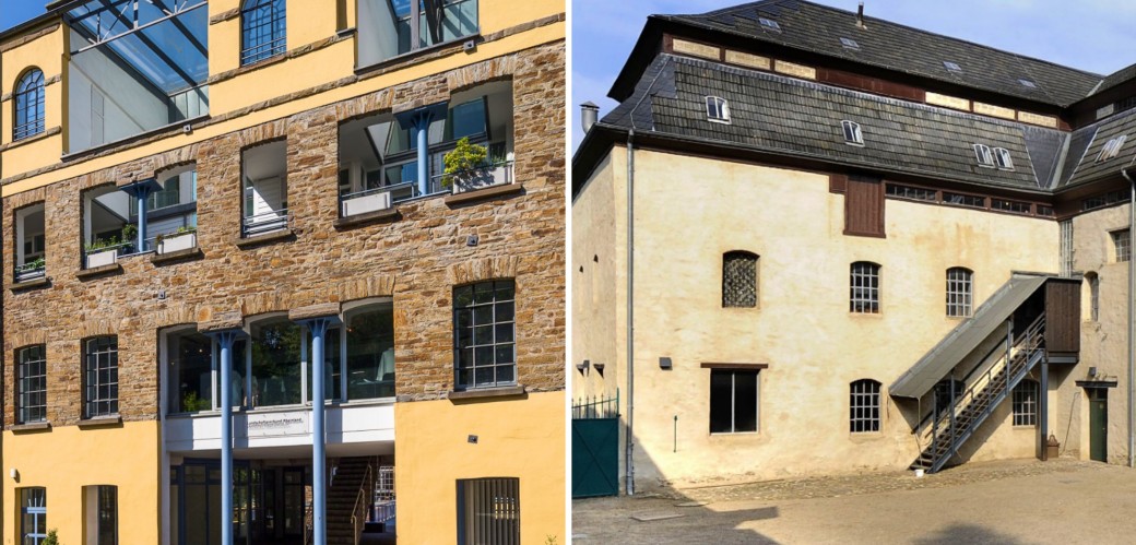 Footo-Collage von zwei historischen, hellen Fabrikgebäuden mit vielen Fenstern.